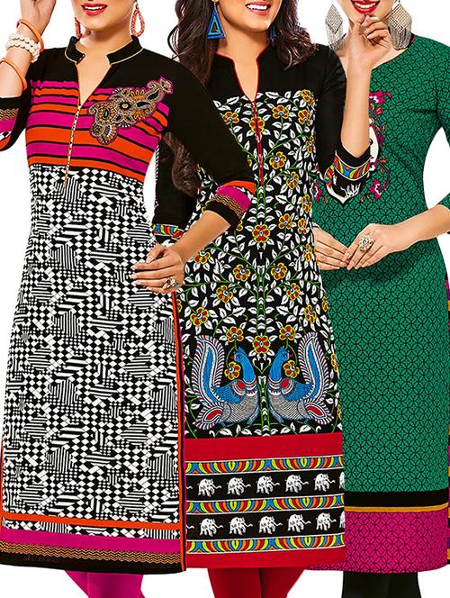 multicolored cotton printed unstitched kurtas (set of 3) - 12571104 - Very Small Image - 1