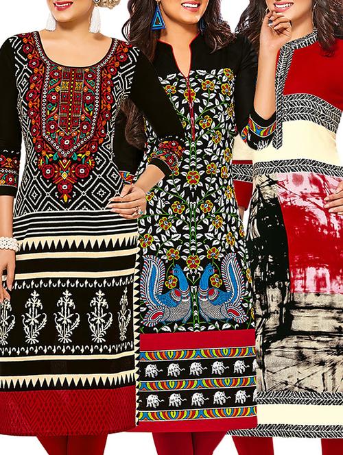 multicolored cotton printed unstitched kurtas (set of 3) - 12571113 - Very Small Image - 1