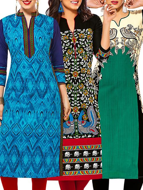 multicolored cotton printed unstitched kurtas (set of 3) - 12571121 - Very Small Image - 1