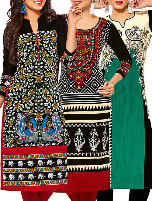 multicolored cotton printed unstitched kurtas (set of 3) - 12571122 - Very Small Image - 1