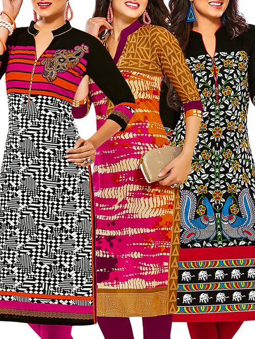 multicolored cotton unstitched kurta (set of 3) - 12571138 - Very Small Image - 1
