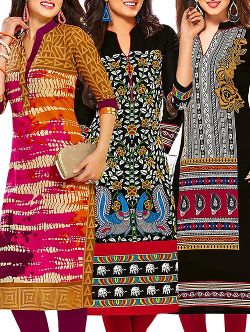 multicolored cotton printed unstitched kurtas (set of 3) - 12571140 - Very Small Image - 1