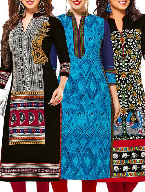 multicolored cotton unstitched kurta (set of 3) - 12571151 - Very Small Image - 1