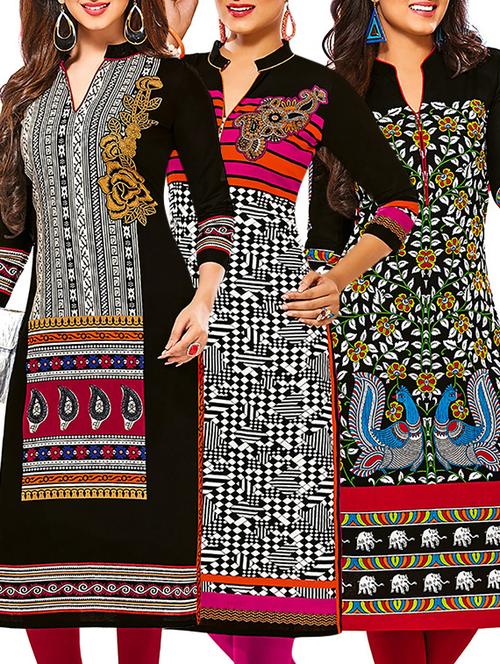 multicolored cotton unstitched kurta (set of 3) - 12571158 - Very Small Image - 1