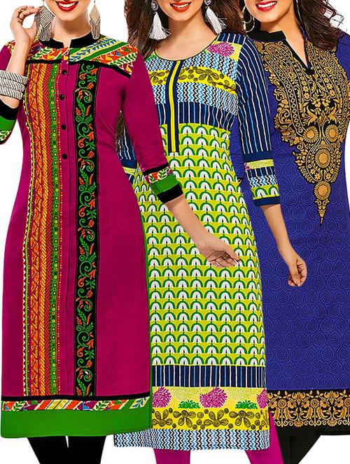 multicolored cotton printed unstitched kurta (set of 3) - 12571172 - Very Small Image - 1