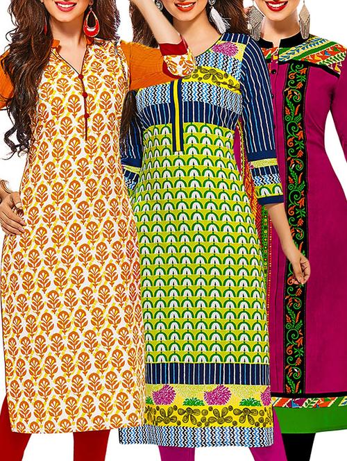 multicolored cotton unstitched kurta (set of 3) - 12571176 - Very Small Image - 1