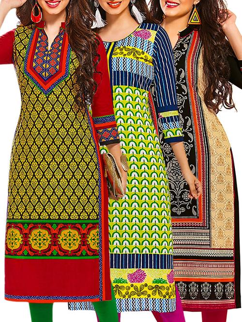 multicolored cotton unstitched kurta (set of 3) - 12571196 - Very Small Image - 1
