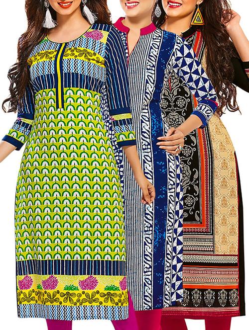 multicolored cotton unstitched kurta (set of 3) - 12571203 - Very Small Image - 1