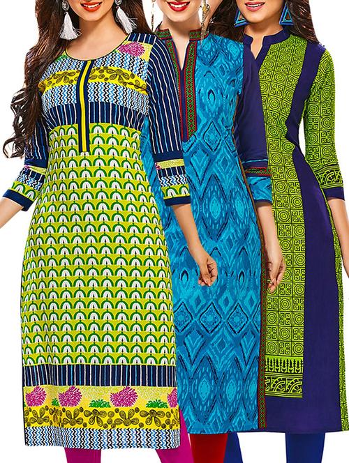 multicolored cotton unstitched kurta (set of 3) - 12571235 - Very Small Image - 1