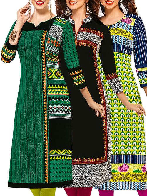 multicolored cotton printed unstitched kurtas (set of 3) - 12571241 - Very Small Image - 1