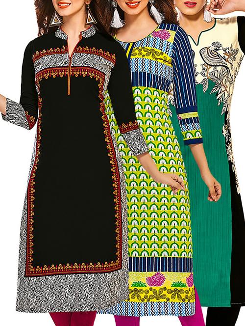 multicolored cotton printed unstitched kurtas (set of 3) - 12571248 - Very Small Image - 1