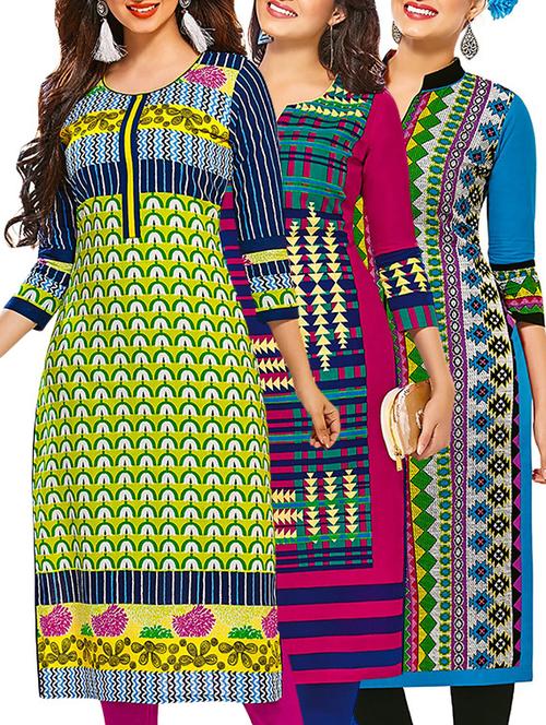 multicolored cotton unstitched kurta (set of 3) - 12571303 - Very Small Image - 1