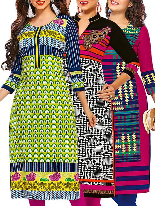 multicolored cotton unstitched kurta (set of 3) - 12571342 - Very Small Image - 1