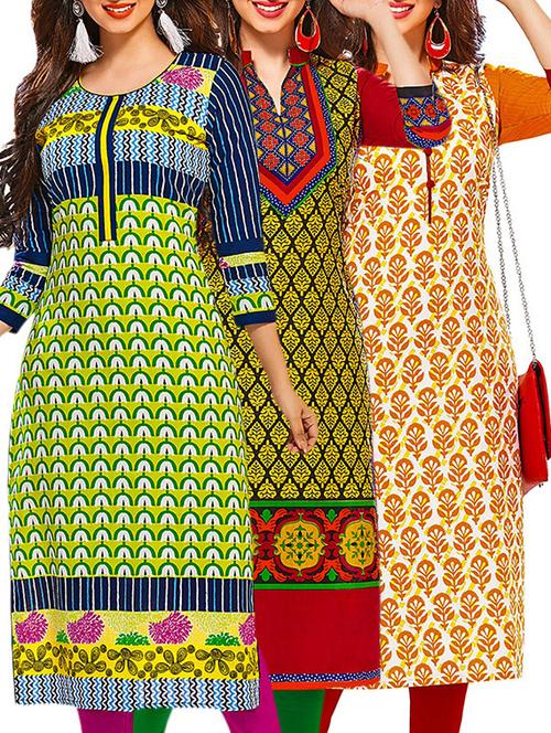 multicolored cotton unstitched kurta (set of 3) - 12571356 - Very Small Image - 1
