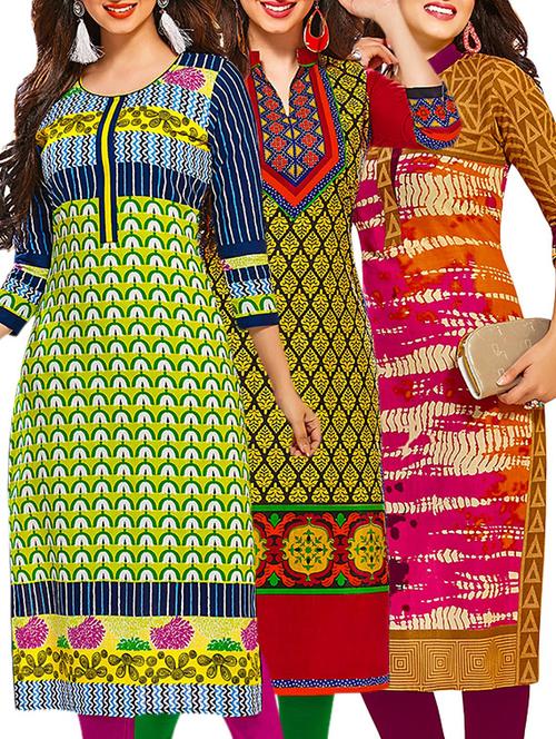 multicolored cotton printed unstitched kurtas (set of 3) - 12571362 - Very Small Image - 1