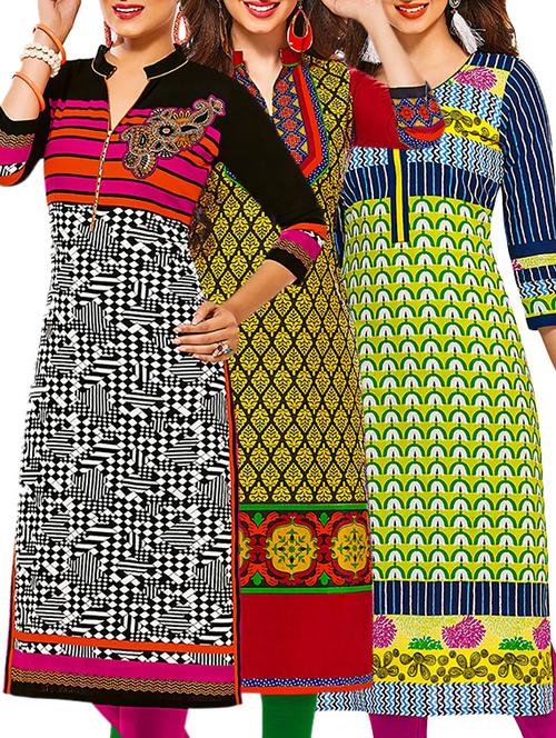 multicolored cotton unstitched kurta (set of 3) - 12571366 - Very Small Image - 1