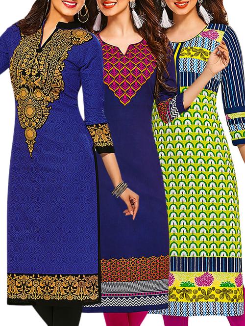 multicolored cotton printed unstitched kurtas (set of 3) - 12571370 - Very Small Image - 1