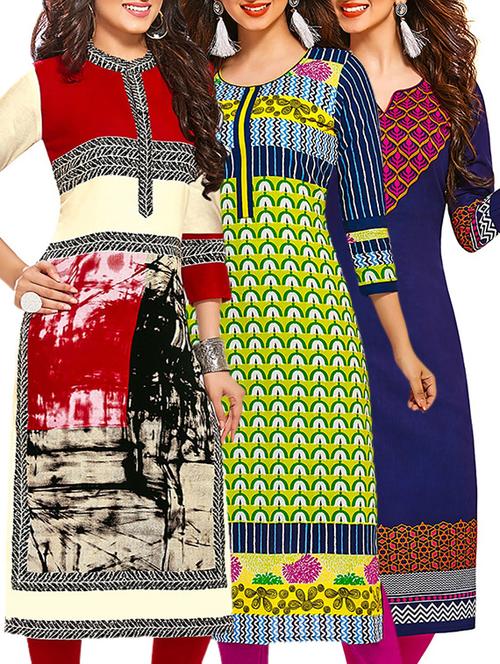 multicolored cotton printed unstitched kurta (set of 3) - 12571377 - Very Small Image - 1