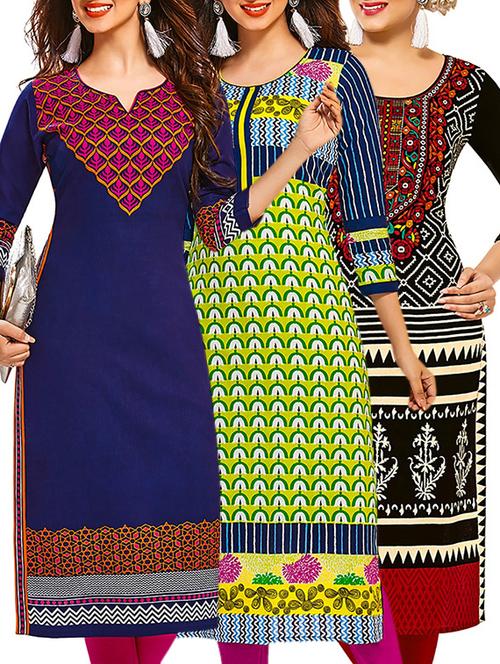 multicolored cotton printed unstitched kurtas (set of 3) - 12571383 - Very Small Image - 1