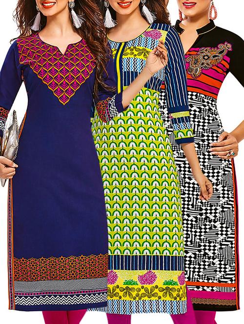 multicolored cotton unstitched kurta (set of 3) - 12571384 - Very Small Image - 1