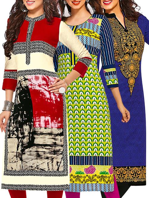 multicolored cotton printed unstitched kurtas (set of 3) - 12571394 - Very Small Image - 1