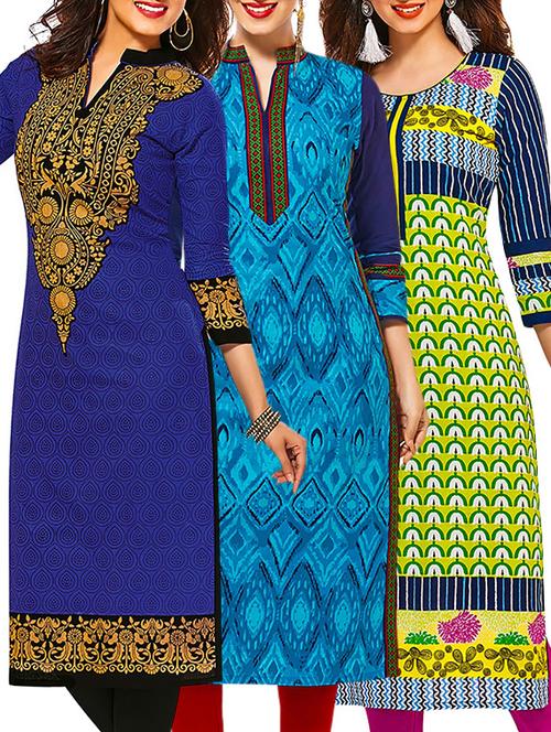 multicolored cotton printed unstitched kurtas (set of 3) - 12571399 - Very Small Image - 1