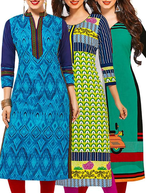 multicolored cotton printed unstitched kurtas (set of 3) - 12571430 - Very Small Image - 1