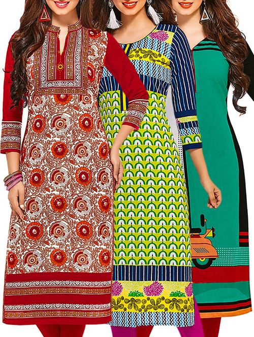 multicolored cotton unstitched kurta (set of 3) - 12571433 - Very Small Image - 1