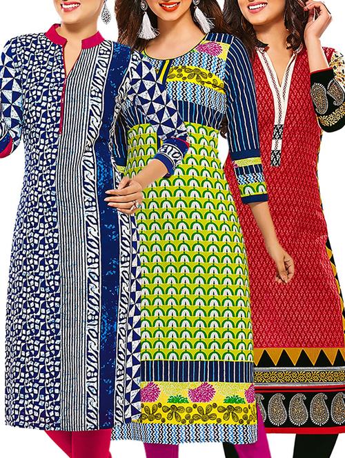 multicolored cotton printed unstitched kurta (set of 3) - 12571437 - Very Small Image - 1