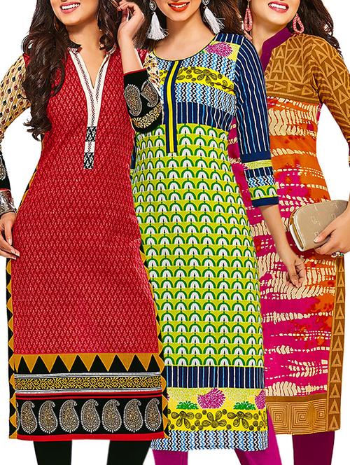multicolored cotton printed unstitched kurtas (set of 3) - 12571442 - Very Small Image - 1