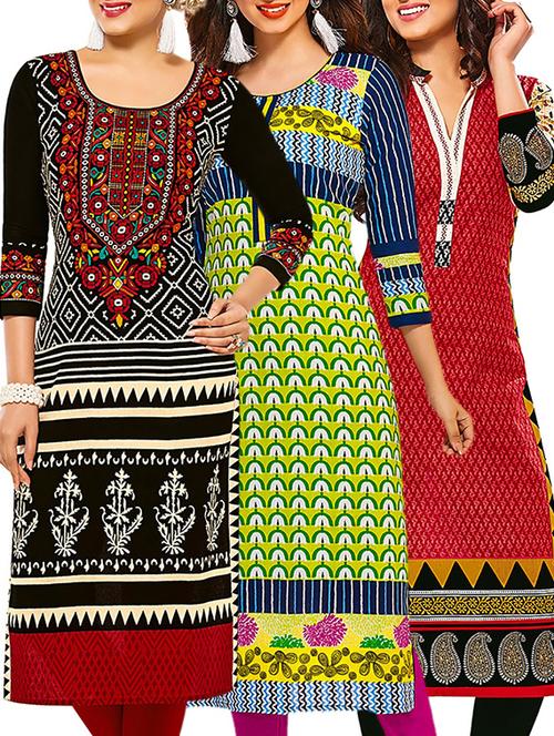 multicolored cotton printed unstitched kurta (set of 3) - 12571445 - Very Small Image - 1