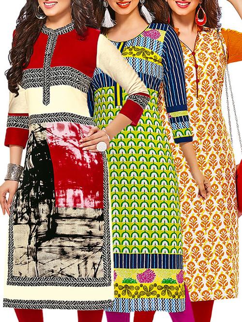 multicolored cotton unstitched kurta (set of 3) - 12571452 - Very Small Image - 1
