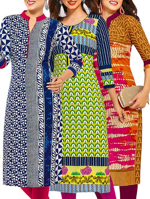 multicolored cotton printed unstitched kurtas (set of 3) - 12571467 - Very Small Image - 1