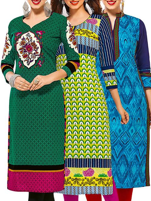 multicolored cotton printed unstitched kurtas (set of 3) - 12571480 - Very Small Image - 1