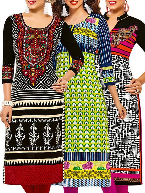multicolored cotton printed unstitched kurtas (set of 3) - 12571531 - Very Small Image - 1