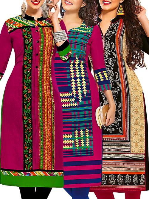 multicolored cotton unstitched kurta (set of 3) - 12571545 - Very Small Image - 1