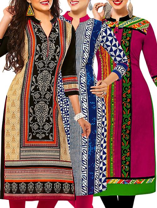 multicolored cotton printed unstitched kurtas (set of 3) - 12571554 - Very Small Image - 1