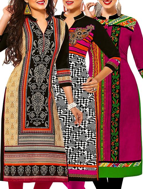 multicolored cotton unstitched kurta (set of 3) - 12571563 - Very Small Image - 1
