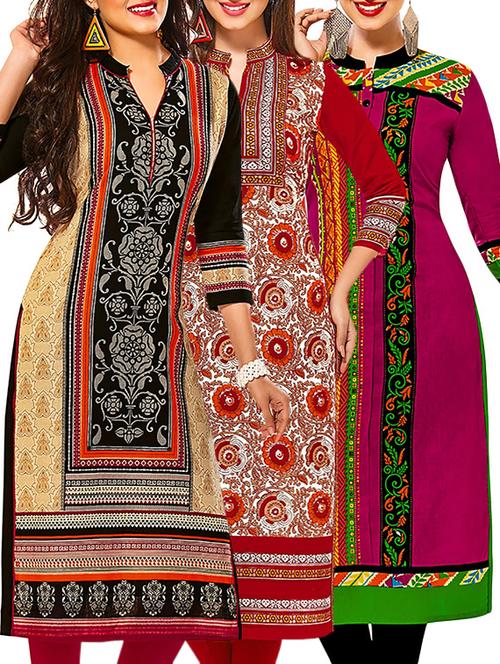 multicolored cotton printed unstitched kurta (set of 3) - 12571564 - Very Small Image - 1