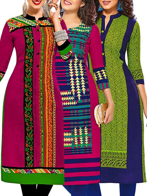 multicolored cotton unstitched kurta (set of 3) - 12571570 - Very Small Image - 1