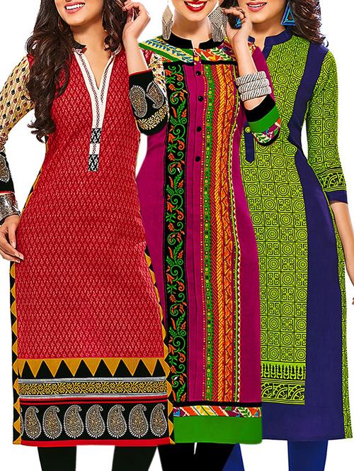 multicolored cotton unstitched kurta (set of 3) - 12571577 - Very Small Image - 1