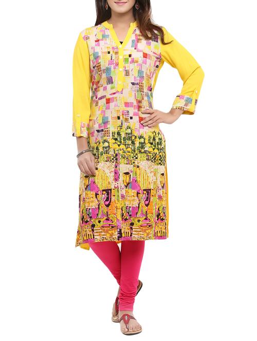 yellow rayon printed straight kurta - 12573648 - Very Small Image - 1