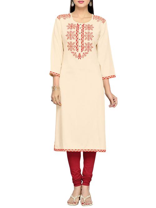 cream cotton aline kurta - 12576476 - Very Small Image - 1