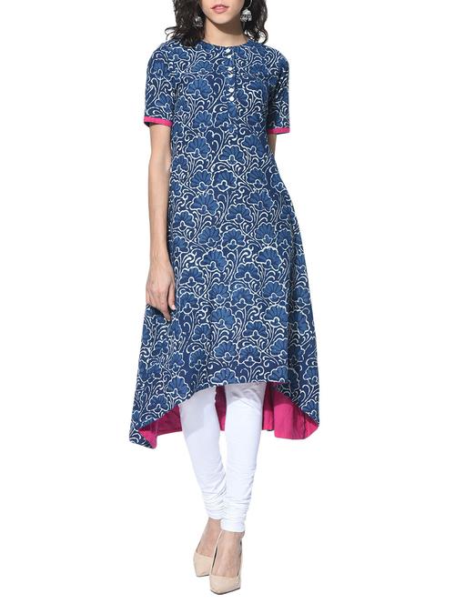 indigo cotton high-low kurta - 12578134 - Very Small Image - 1