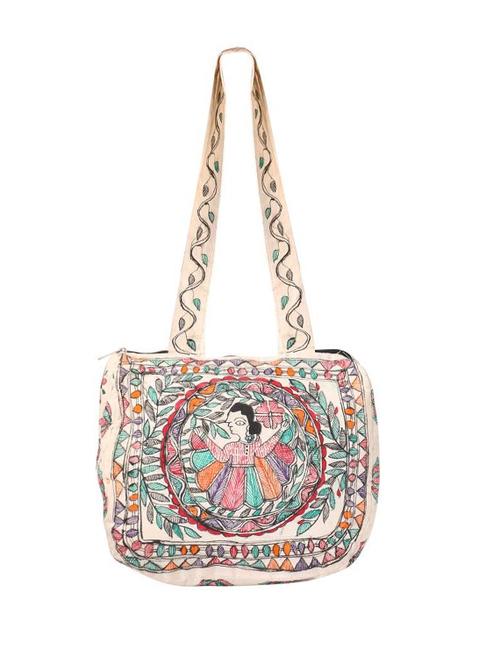 imithila dancing gopi in madhubani style handpainted shoulder bag for women and girls - 12586046 - Very Small Image - 1