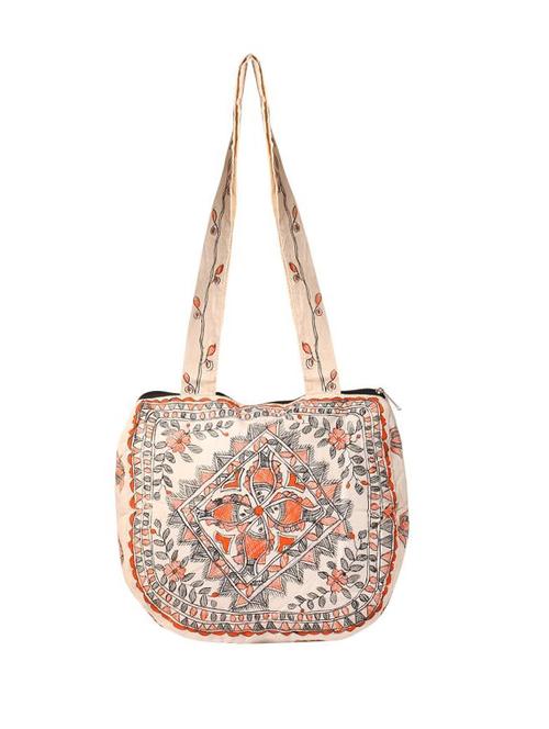 imithila pair of fishes in orange & black madhubani style handpainted shoulder bag for women and girls - 12586048 - Very Small Image - 1