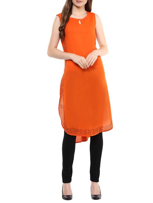 orange cotton highlow kurta - 12590481 - Very Small Image - 1