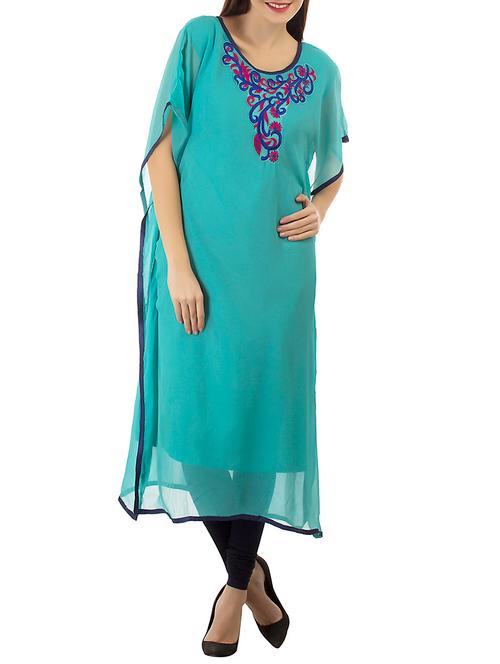 turquoise poly georgette kaftan kurta - 12592975 - Very Small Image - 1