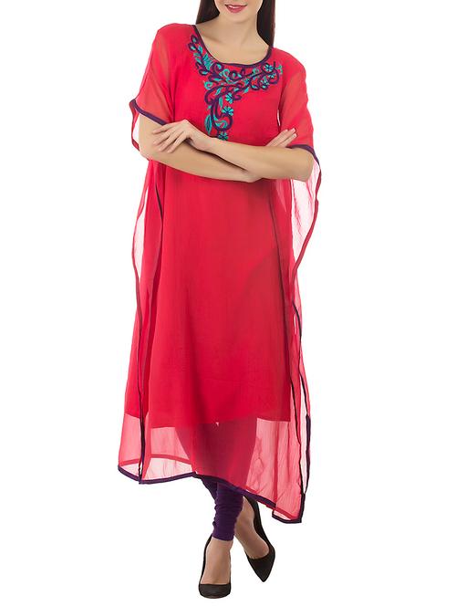 red poly georgette kaftan kurta - 12592976 - Very Small Image - 1