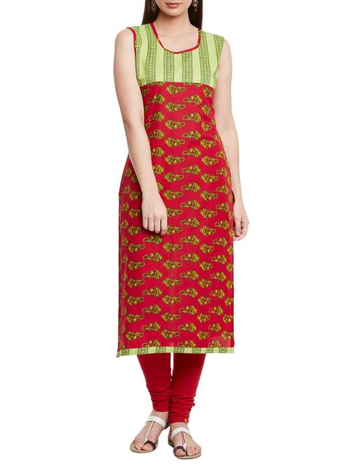 maroon cotton straight printed kurta - 12594211 - Very Small Image - 1
